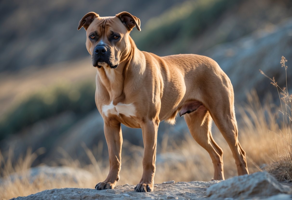 A strong, muscular Cordoba Fighting Dog standing alert in a natural outdoor setting with dry grass and rocks.