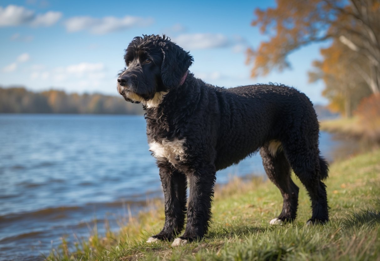 A St. John’s Water Dog with a curly black and white coat standing on grass near a calm lake shore.