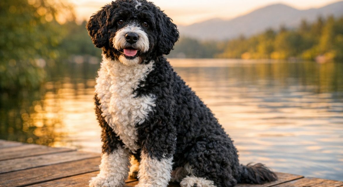 Cute Portugeuse Water Dog with lake behind