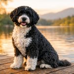 Cute Portugeuse Water Dog with lake behind