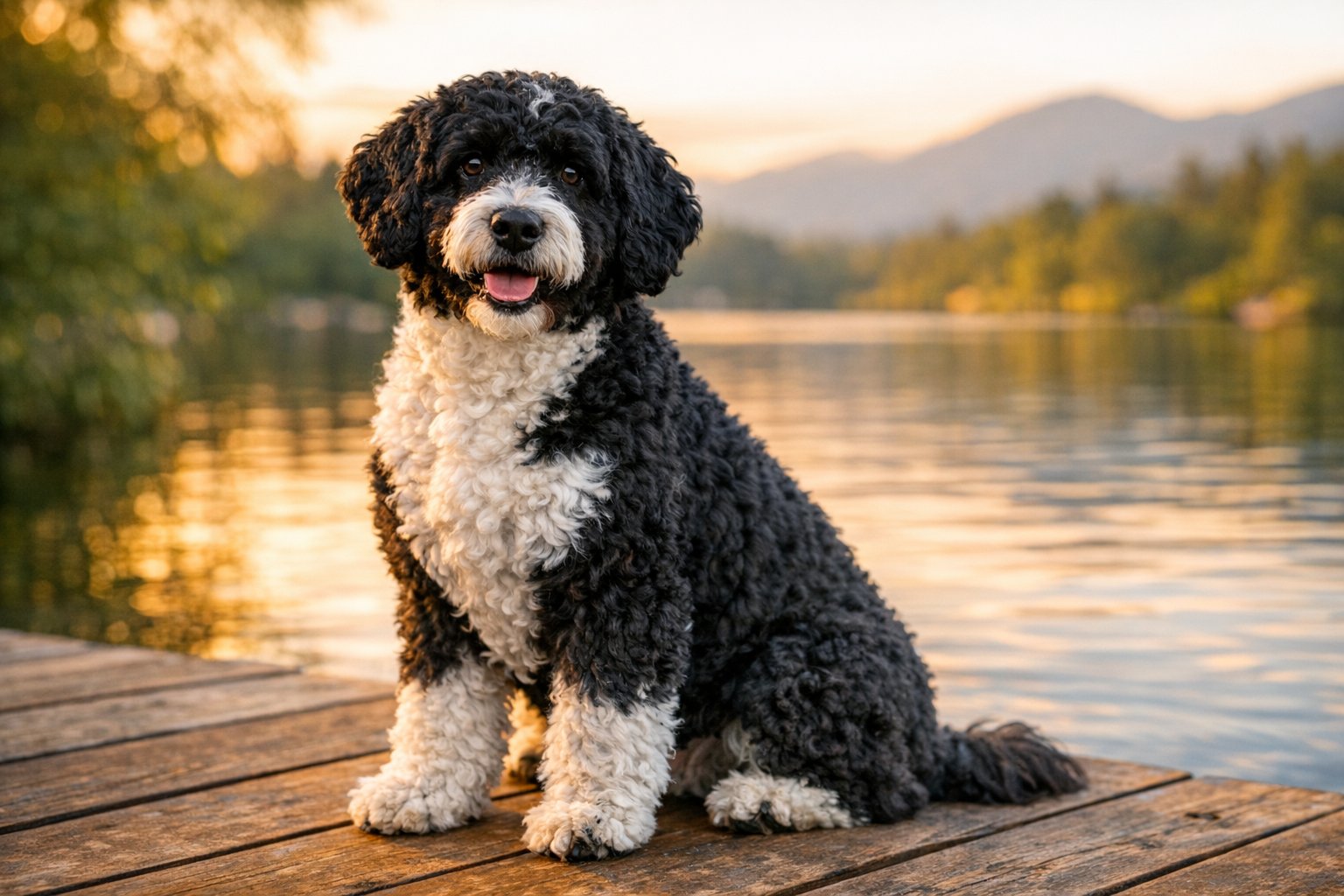 Cute Portugeuse Water Dog with lake behind