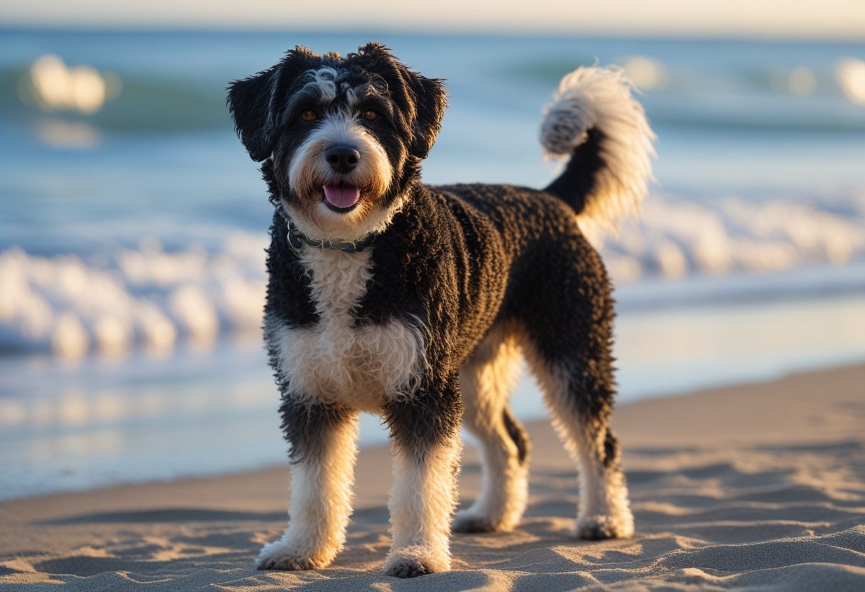 A Portuguese Water Dog standing on a sandy beach with ocean waves in the background.