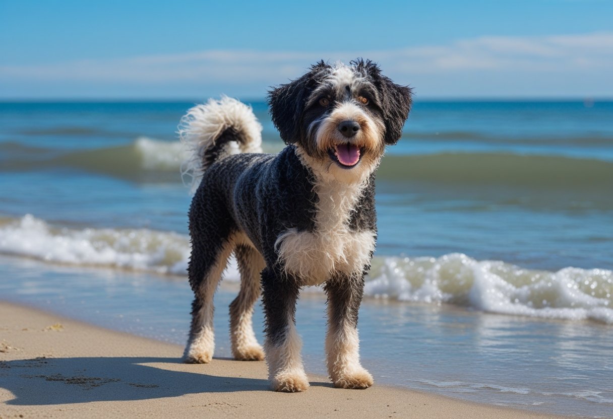 A Portuguese Water Dog with a curly black and white coat standing on a sandy beach by the ocean under a clear blue sky.