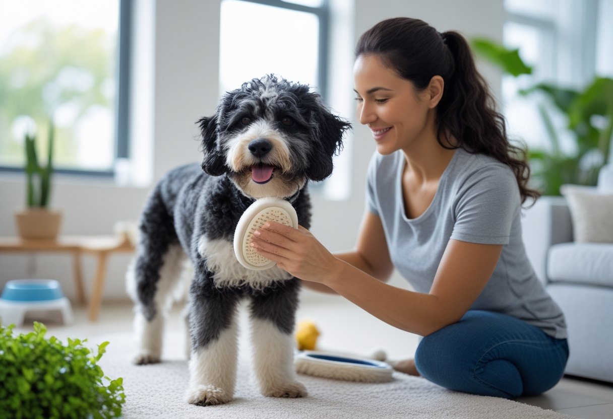 A Portuguese Water Dog being gently brushed by its owner in a bright living room.