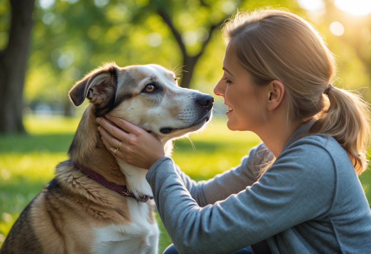 A dog looking lovingly at a person who is gently petting its head in a green park.