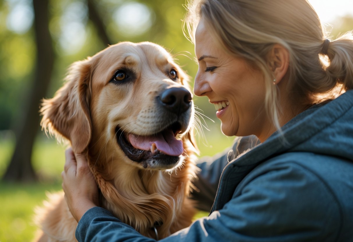 A person gently stroking a golden retriever's head as they look at each other outdoors in a green park.