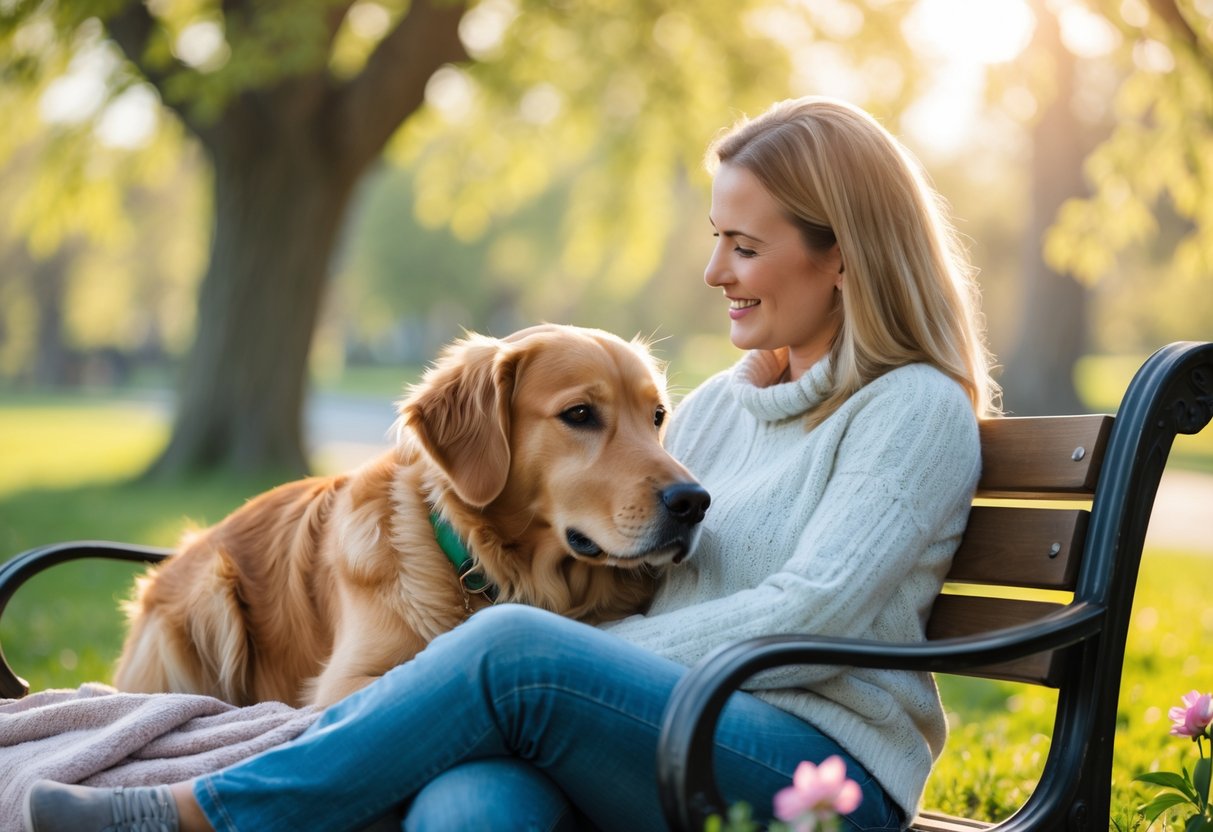 A golden retriever resting its head on a person's lap while sitting on a park bench, showing affection.
