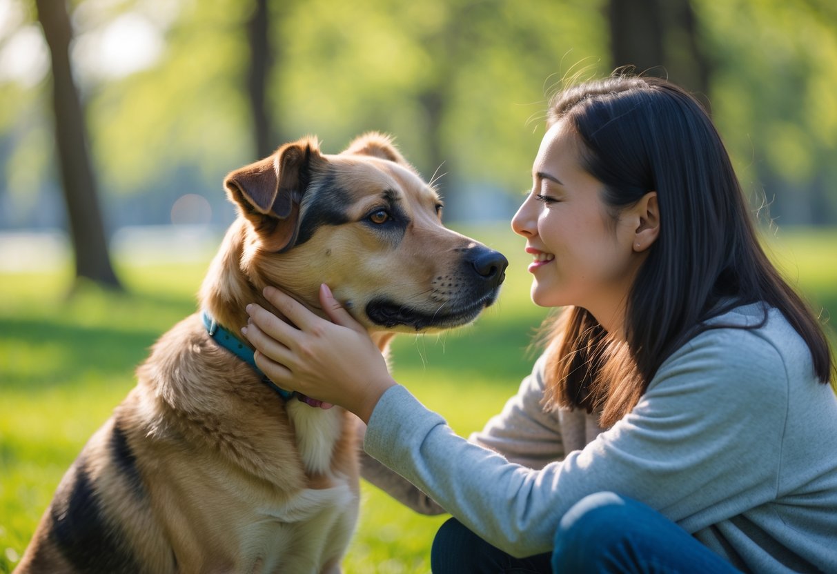 A person gently holding a dog’s face while they look lovingly into each other’s eyes in a sunlit park.