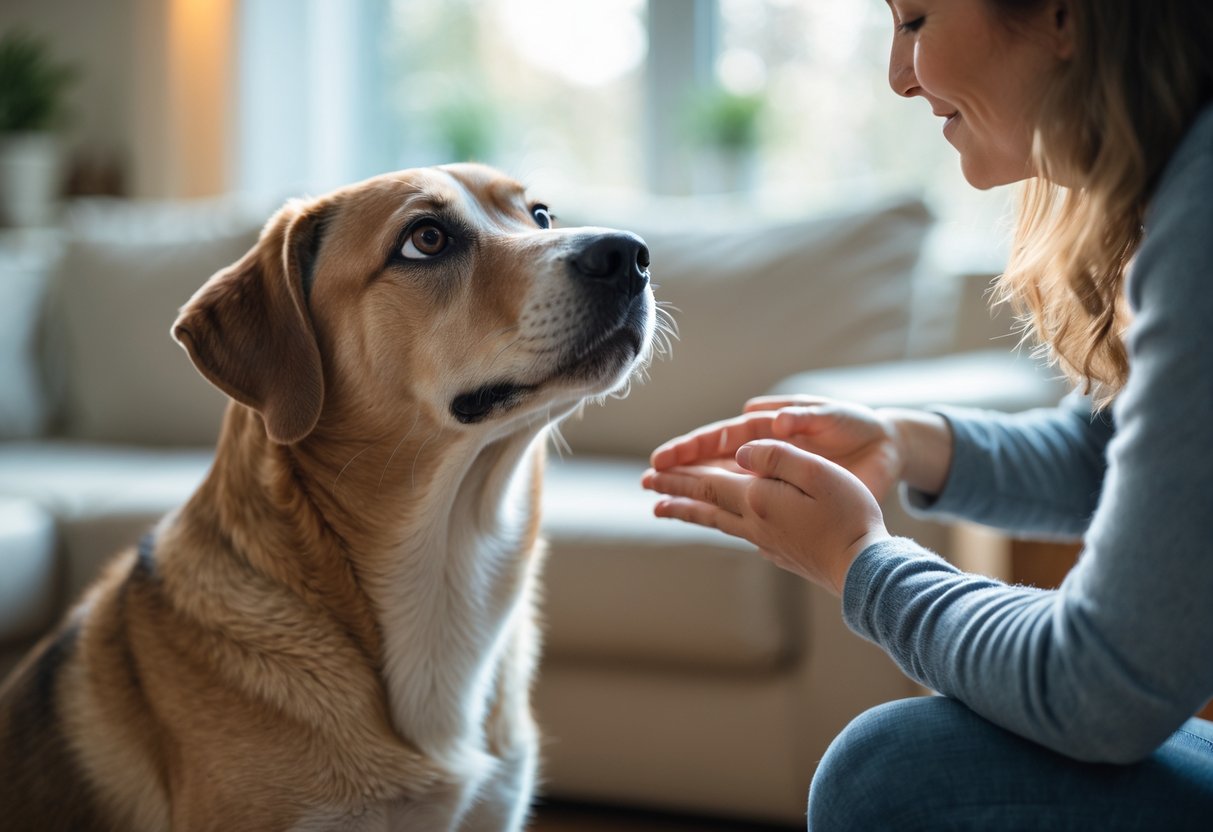 A dog looking lovingly at a person who is gently petting it in a bright living room.