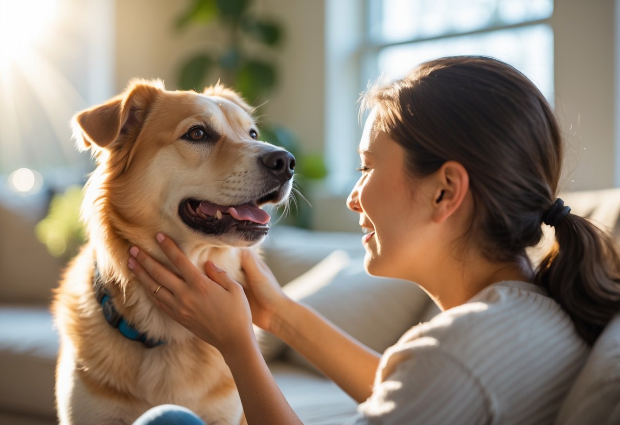 A person gently petting a happy dog indoors, both looking at each other affectionately.