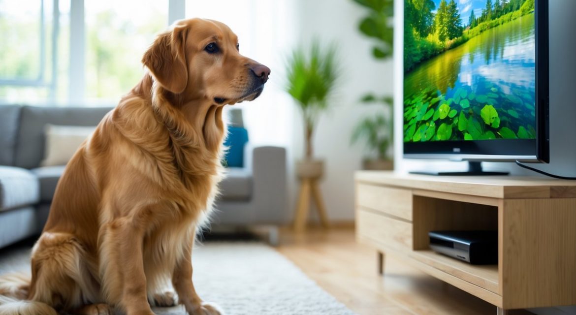 Golden Retriever watching TV