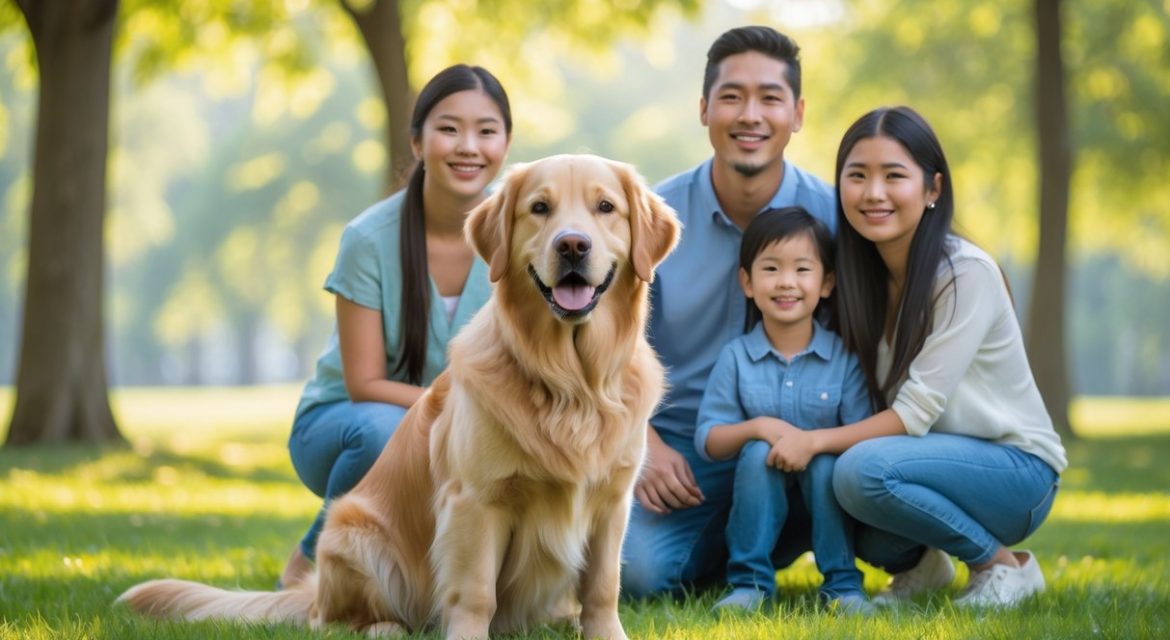 A happy Golden Retriever sitting beside a smiling family of four in a sunny park with green grass and trees.
