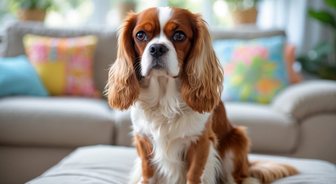 A Cavalier King Charles Spaniel sitting calmly in a bright living room, looking directly ahead with a gentle expression.