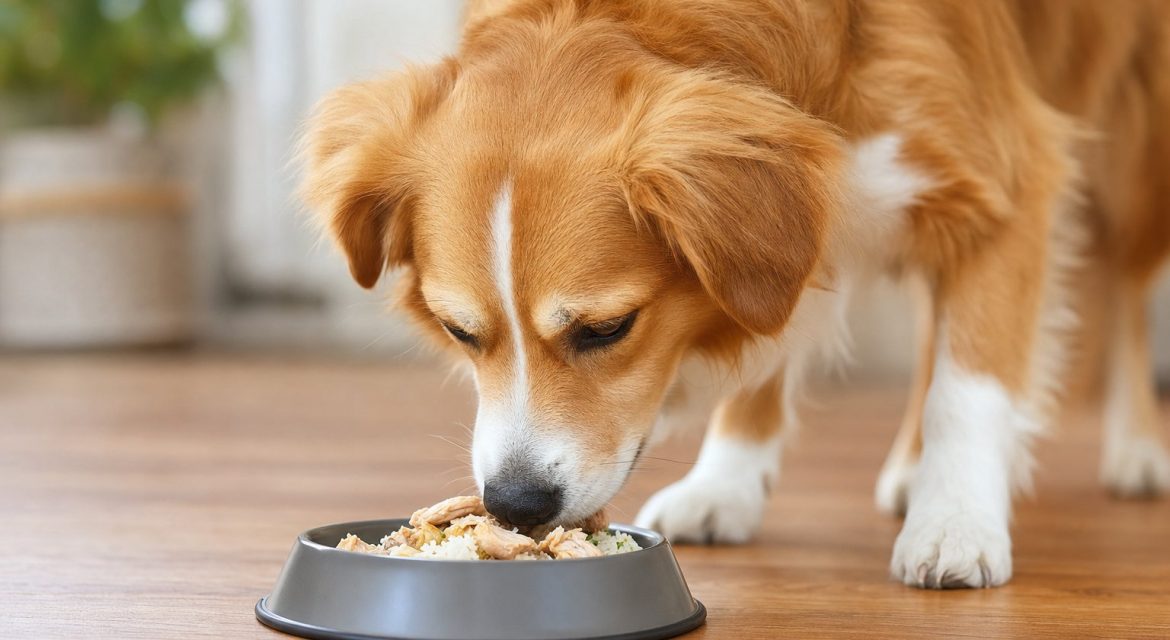 dog eating bowl of chicken and rice