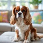 A Cavalier King Charles Spaniel sitting calmly in a bright living room, looking directly ahead with a gentle expression.