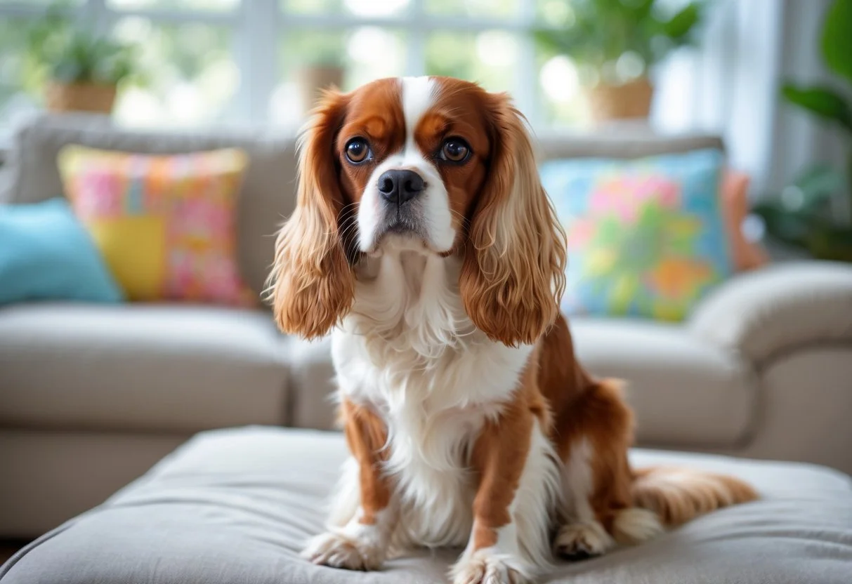 A Cavalier King Charles Spaniel sitting calmly in a bright living room, looking directly ahead with a gentle expression.