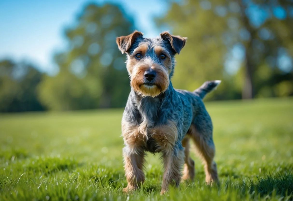 A Glen of Imaal Terrier standing on grass with trees and sky in the background.