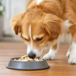 dog eating bowl of chicken and rice